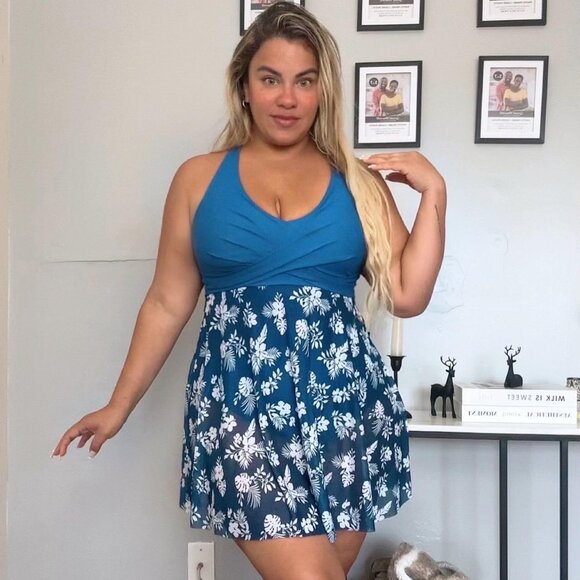 Womens Plus Size Swimsuit One Piece Bathing Suit Tummy Control Flowy Mesh Swim D - Picture 2 of 13